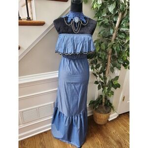 WinWin Women Blue 100% Cotton Off The Shoulder Casual Long Maxi Dress Size Small